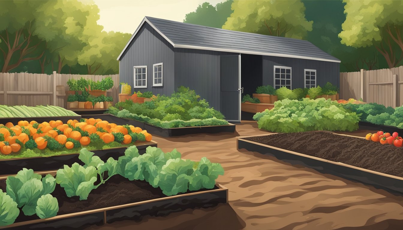 A garden with rich, dark soil being tilled and planted with various vegetables and fruits. A storage shed nearby holds tools and supplies