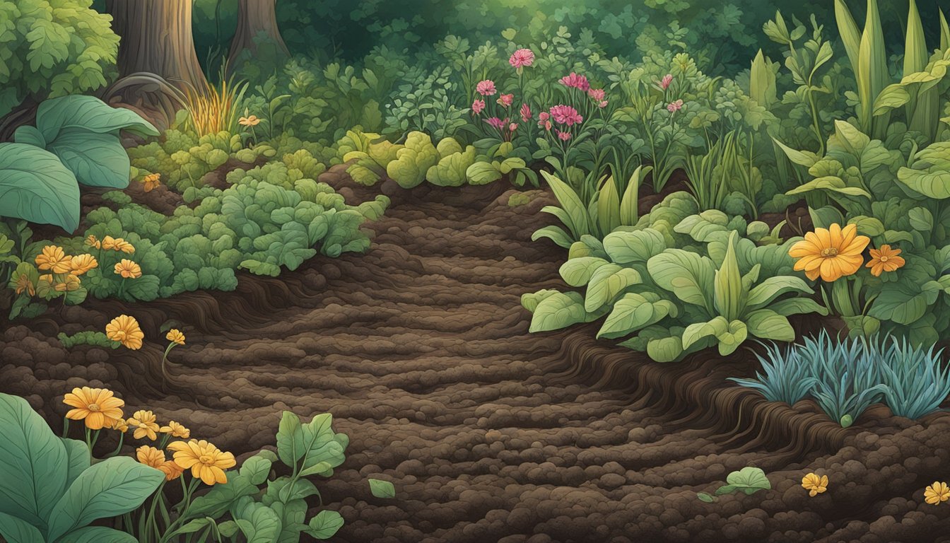 A lush garden with rich, dark soil teeming with earthworms and beneficial microorganisms. Plants thrive under the warm sun, their roots reaching deep into the nutrient-rich earth