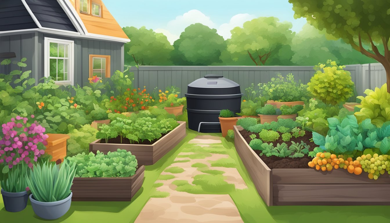 Lush garden with diverse crops, healthy soil, and compost bin