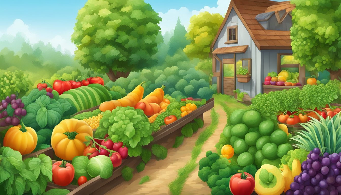 A bountiful garden with ripe vegetables and fruits ready for harvest. Lush green plants and colorful produce fill the scene