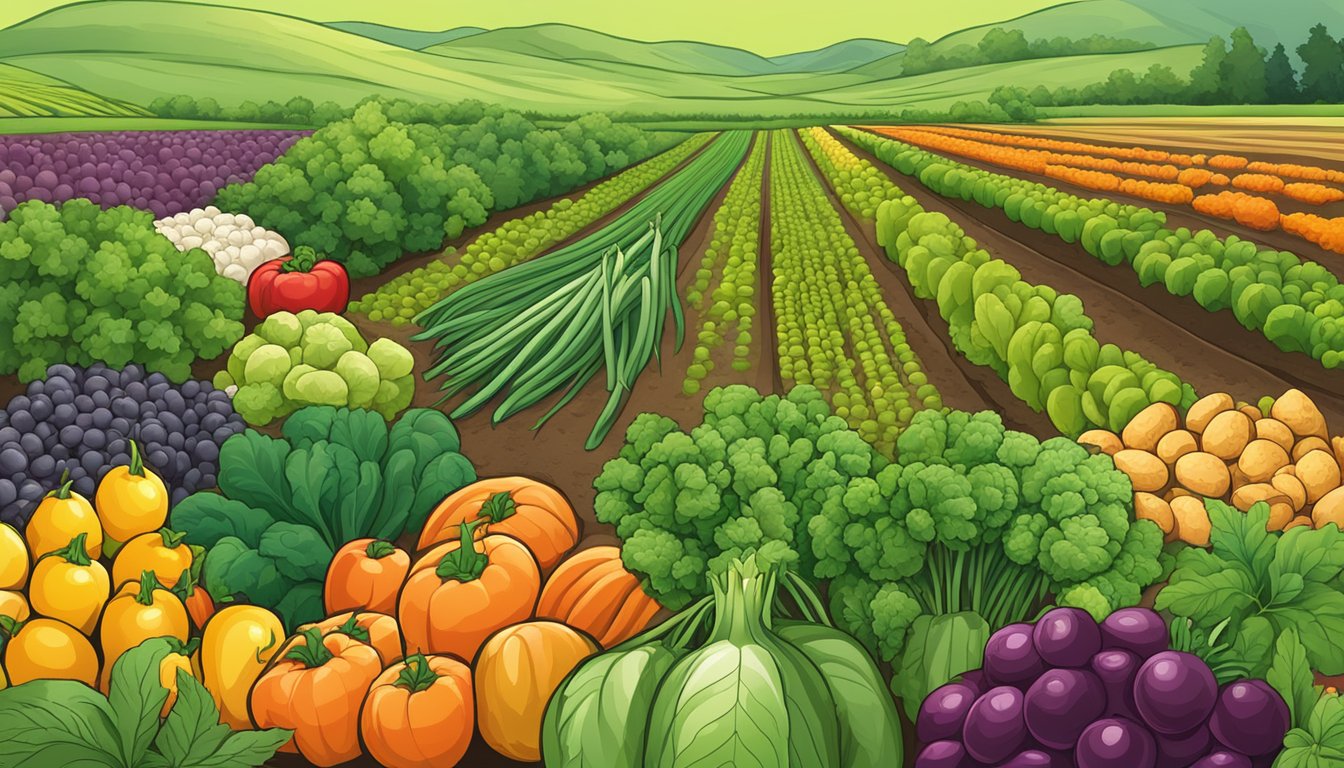 A lush field of mature crops, filled with vibrant and healthy vegetables and fruits, surrounded by rich, fertile soil