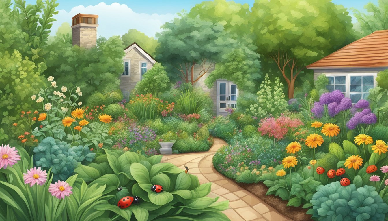 Lush garden with thriving plants, surrounded by natural pest control methods like ladybugs and companion planting