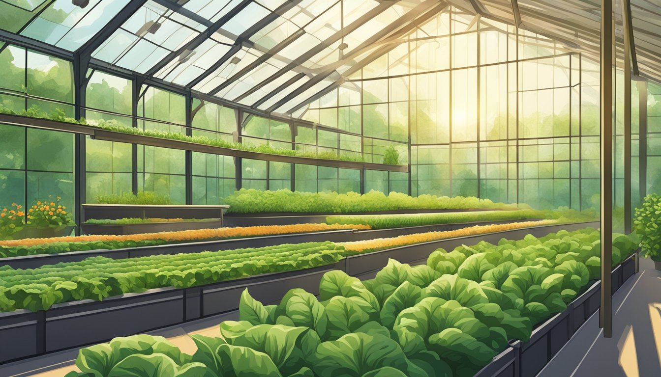 Lush green plants fill a sunlit greenhouse, with rows of vibrant vegetables and herbs thriving in the warm, humid environment