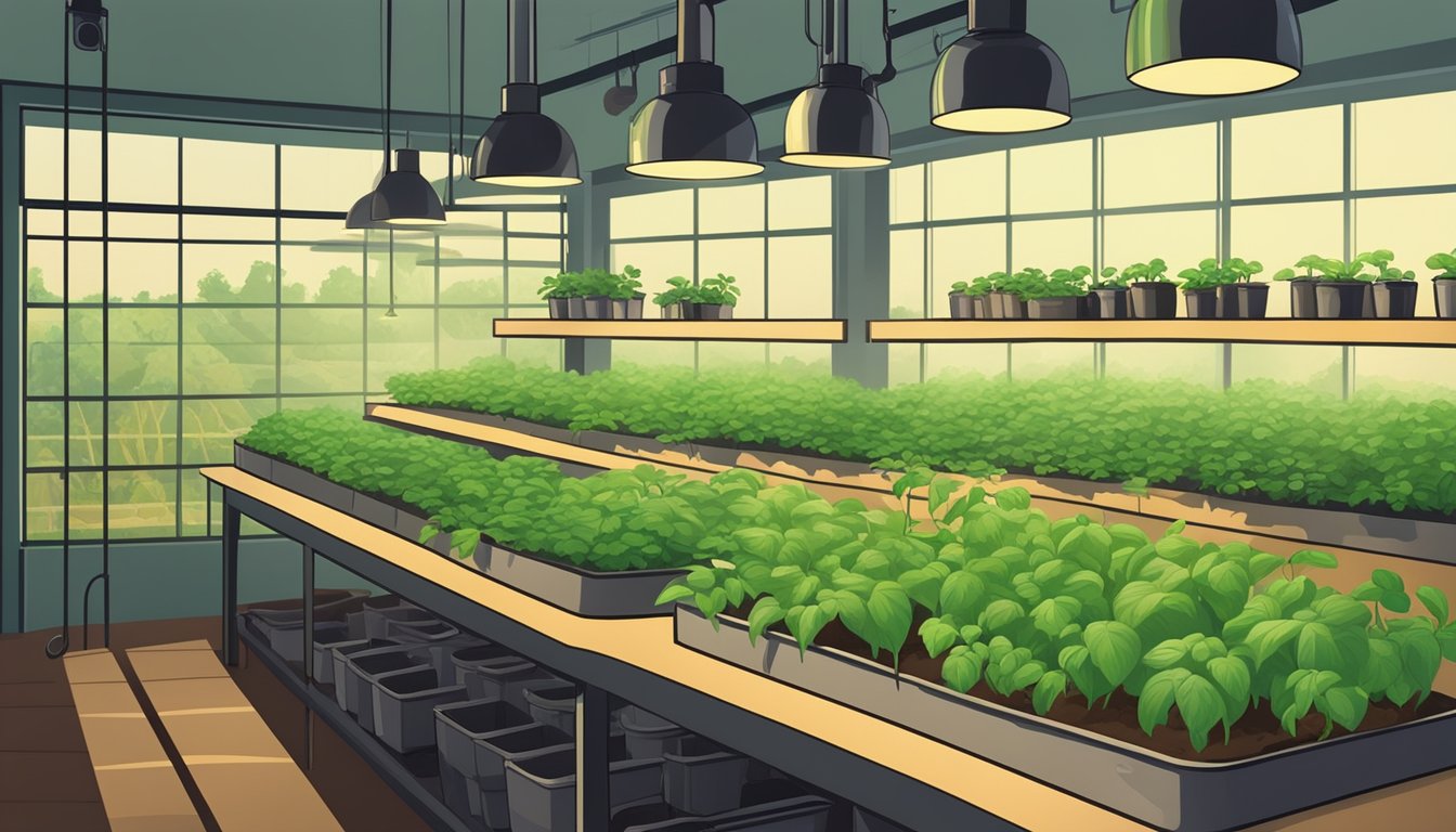 Lush green seedlings bask under warm, artificial light in a controlled indoor environment, surrounded by pots, watering cans, and nutrient-rich soil