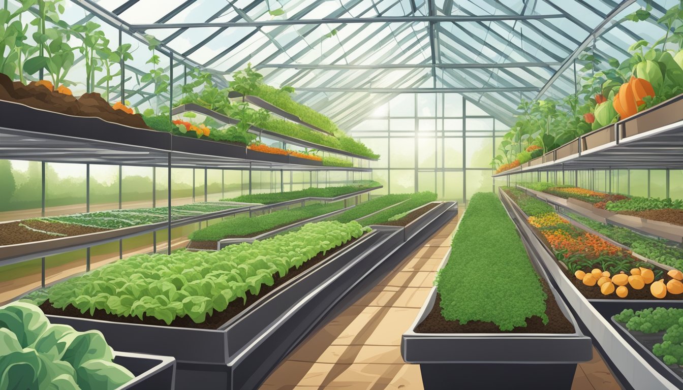 A greenhouse filled with rows of soil and planting mediums, with various vegetables and herbs sprouting from the rich earth