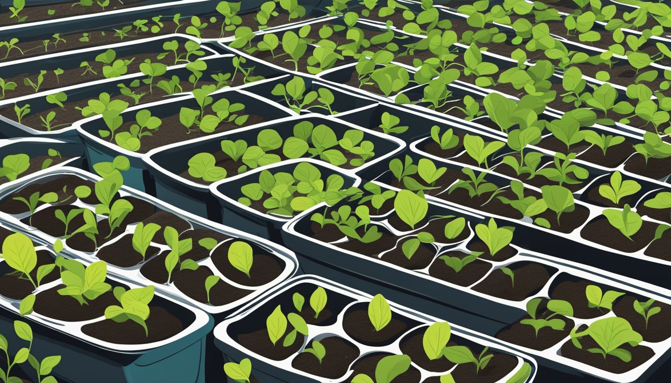 Seedlings sprout in indoor pots under grow lights, ready for transplanting to a lush outdoor garden