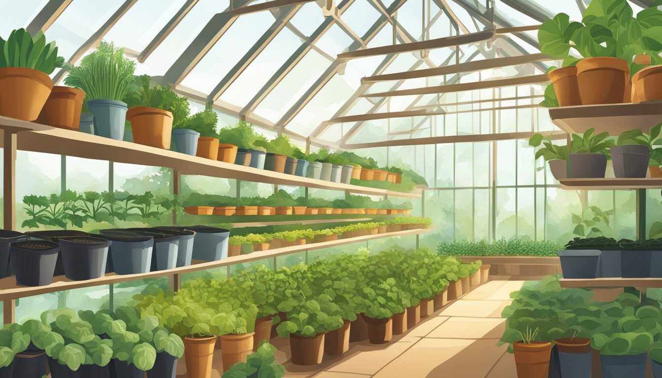 Lush green plants thrive in a sunlit greenhouse, surrounded by rows of neatly organized pots and trays. A variety of fruits, vegetables, and herbs are ready for harvesting