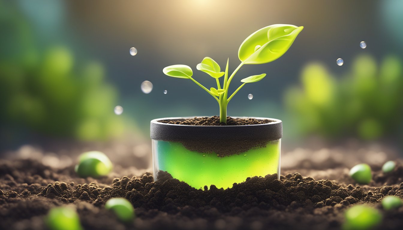 A small pot with soil, a seedling sprouting from the ground, surrounded by sunlight and water droplets