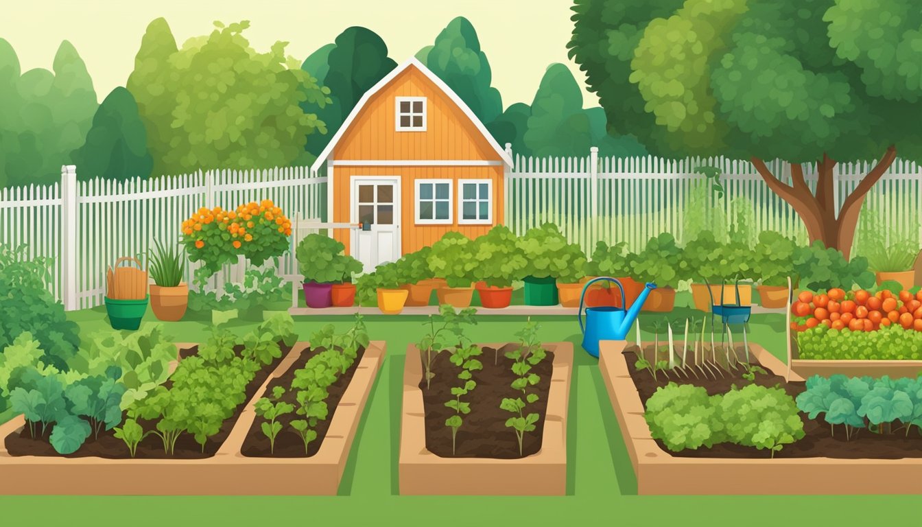 A small garden plot with rows of vegetables, surrounded by a fence to keep out pests. A watering can and gardening tools are neatly arranged nearby