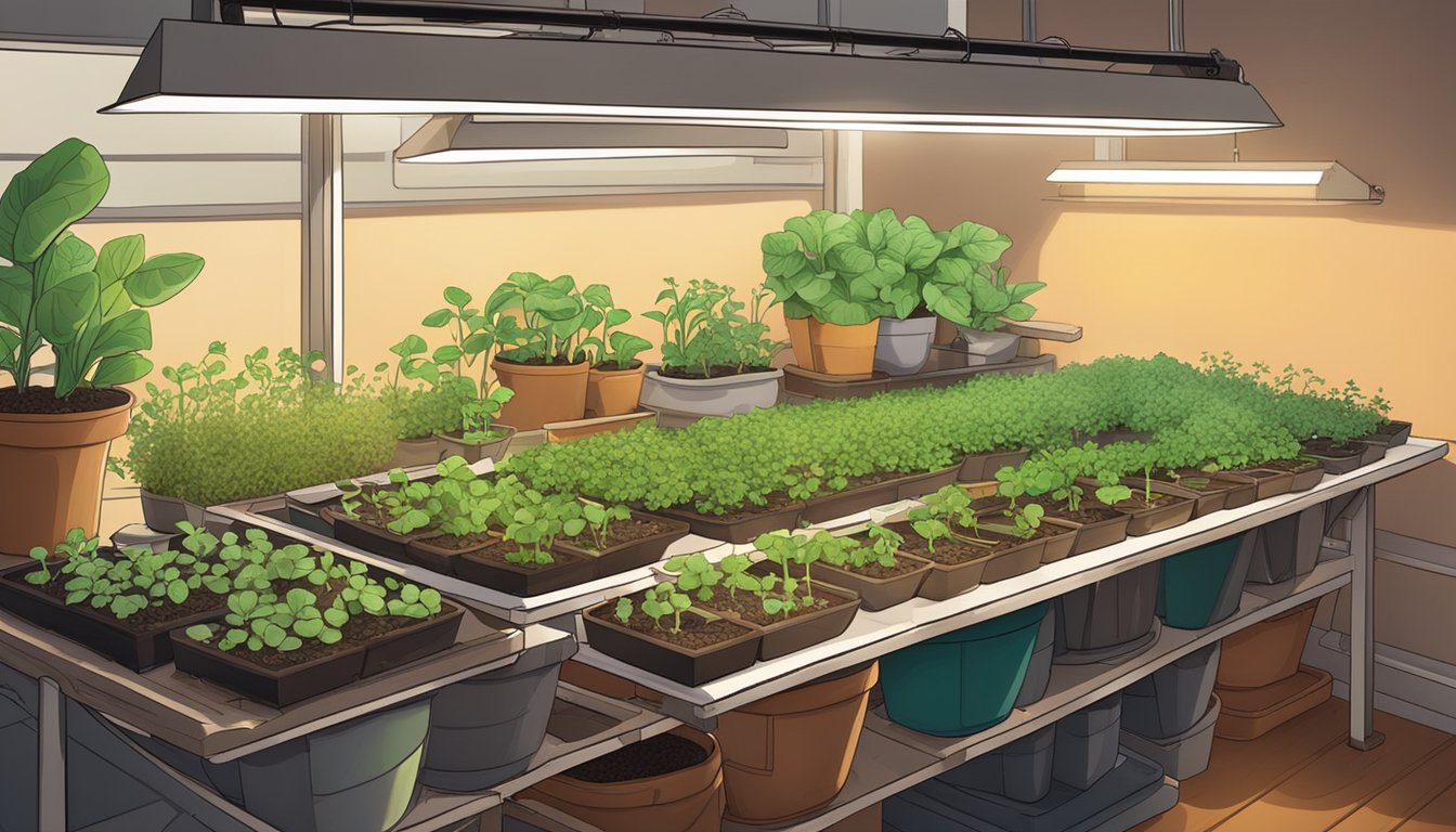 A table filled with trays of seedlings under a warm grow light, surrounded by pots, soil, and gardening tools