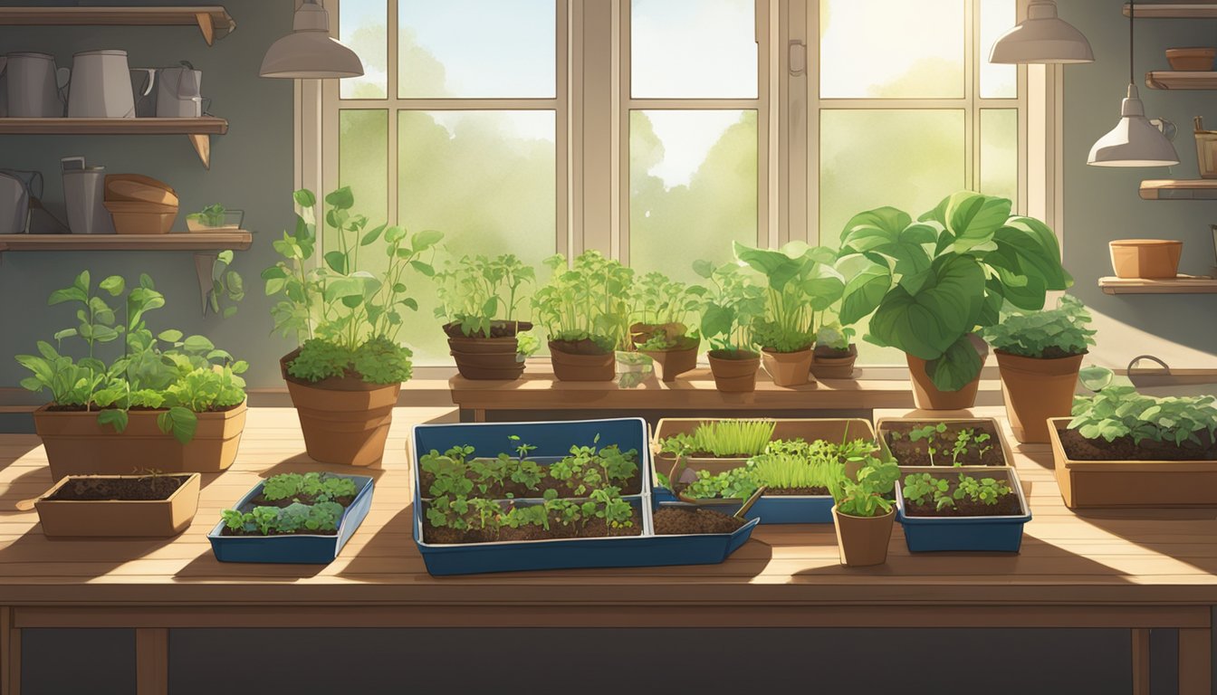 A table filled with trays of various seedlings, surrounded by gardening tools and bags of soil. Sunlight streams in through a nearby window, illuminating the greenery