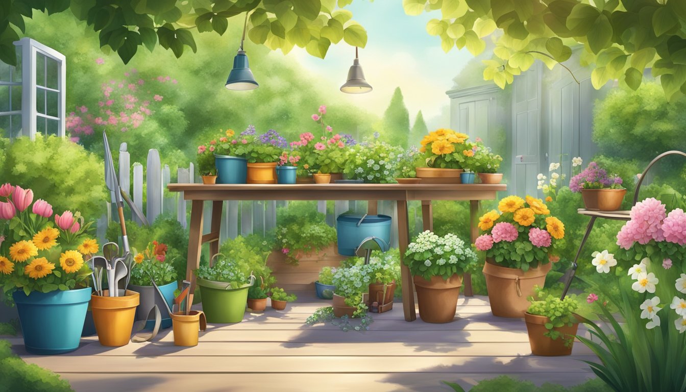 A bright, sunny garden with a variety of gardening tools and equipment scattered around. Lush green plants and flowers are blooming, and there is a sense of new life and growth in the air