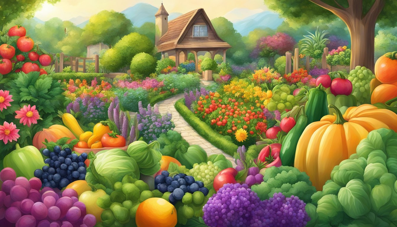 A lush garden bursting with colorful fruits and vegetables, surrounded by vibrant flowers and buzzing with life