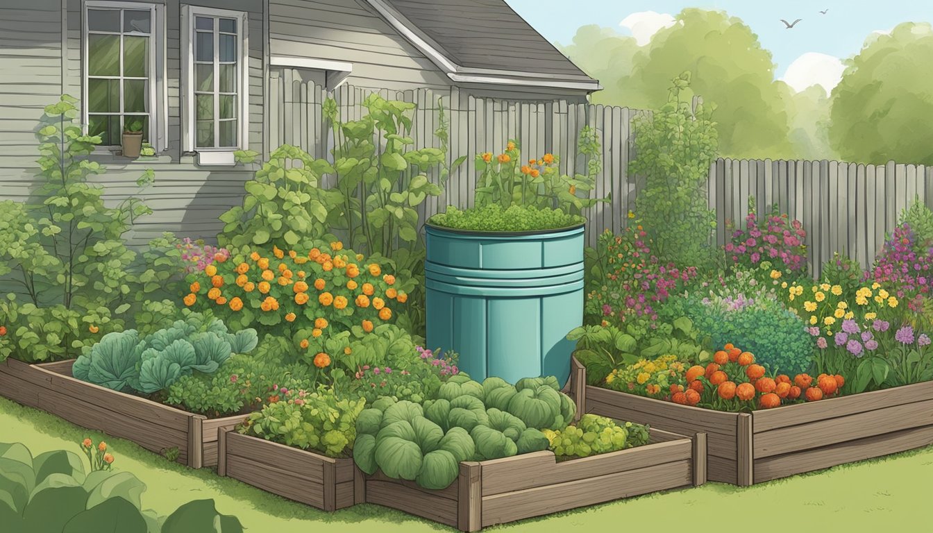 A lush garden with various vegetables growing in raised beds, surrounded by a diverse array of native plants and flowers. A compost bin sits in the corner, and a small rain barrel collects water from the downspout