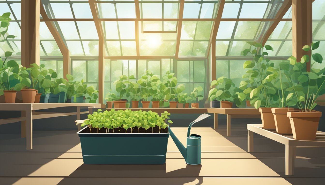 Lush green seedlings sprout from trays in a sunlit greenhouse, surrounded by gardening tools and bags of soil. A watering can sits nearby, ready for use