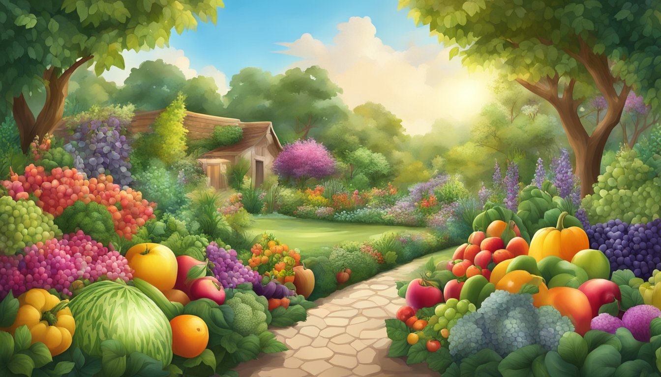 A lush garden bursting with vibrant fruits, vegetables, and flowers surrounded by thriving greenery and buzzing with life