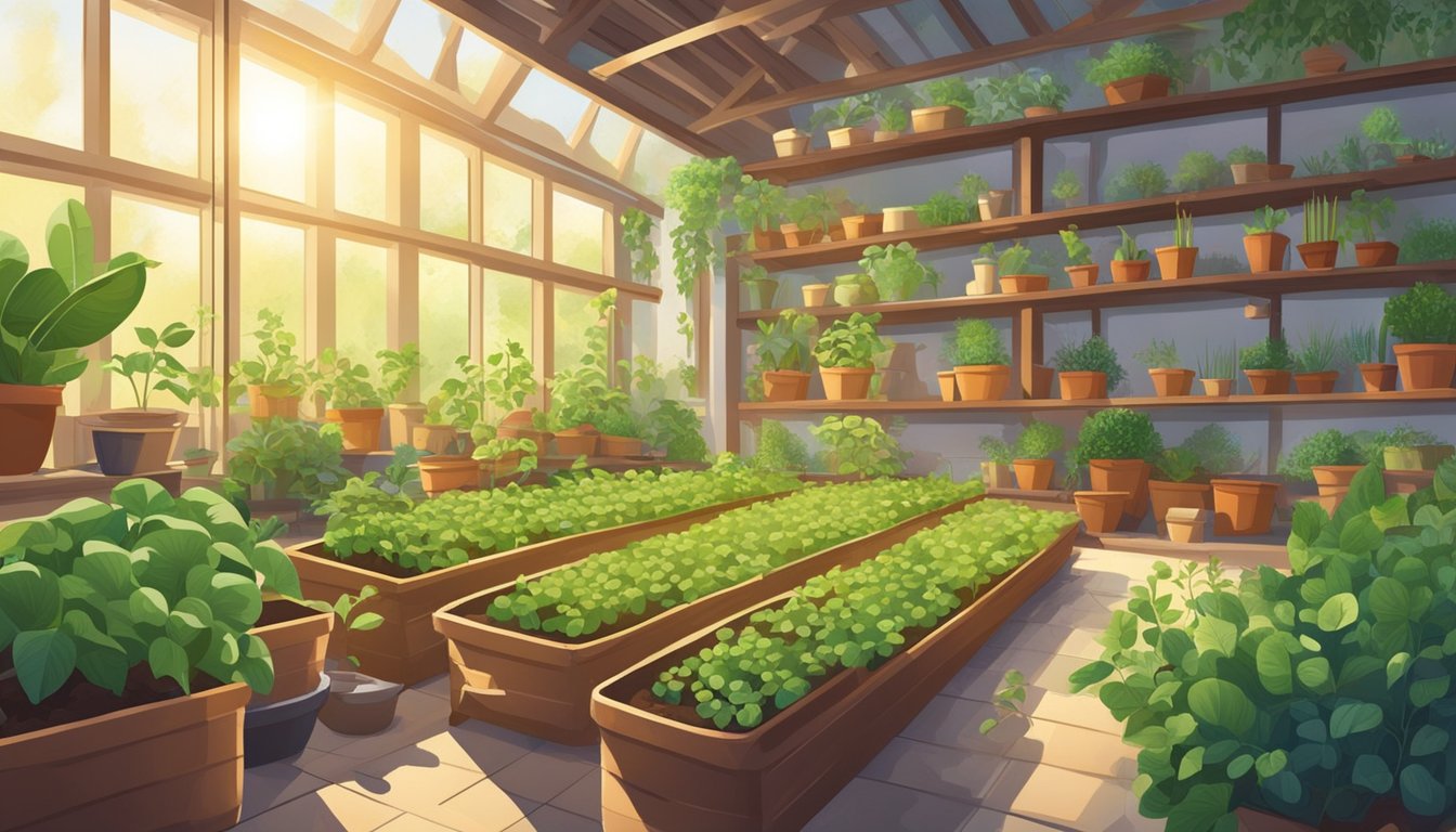 Lush garden with rows of seedlings in various stages of growth, surrounded by tools and pots. Sunshine filters through the leaves, creating a warm, inviting atmosphere