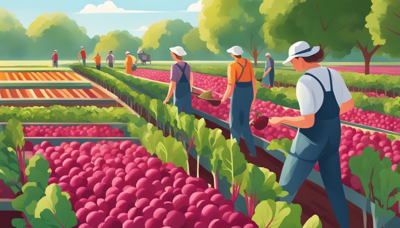 A garden with rows of beets being harvested and prepared for storage. Sunlight filters through the leaves as the vegetables are carefully gathered and cleaned