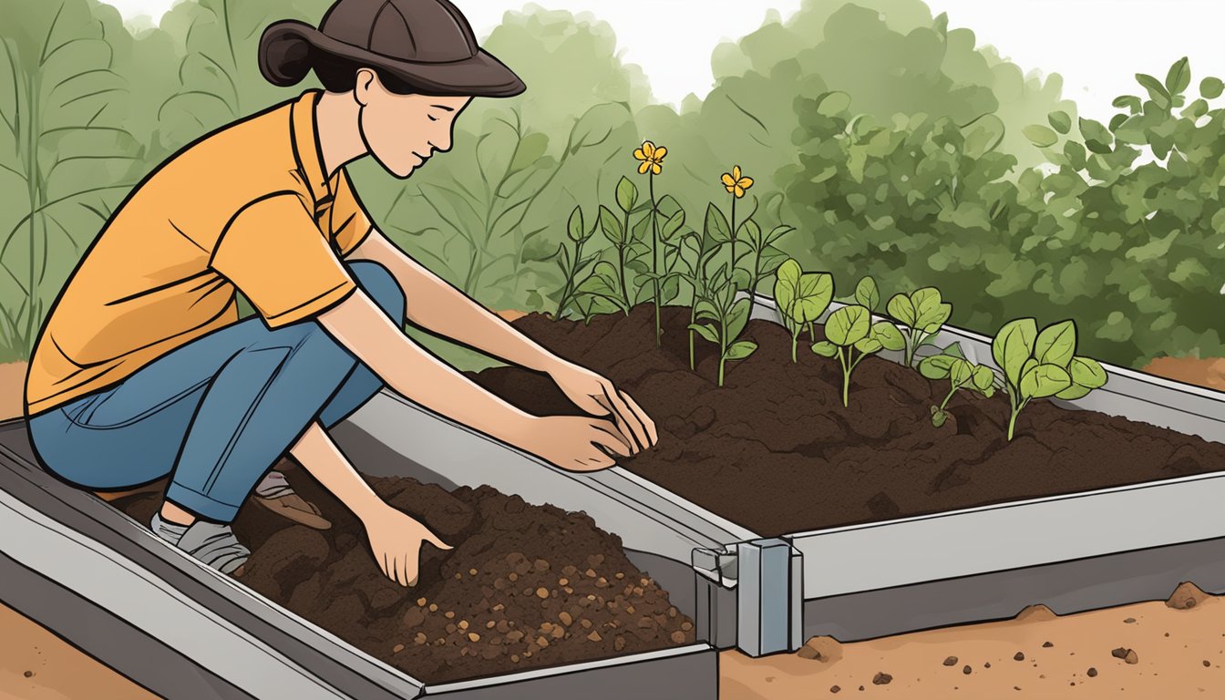 A person mixing soil and compost in a DIY raised garden bed