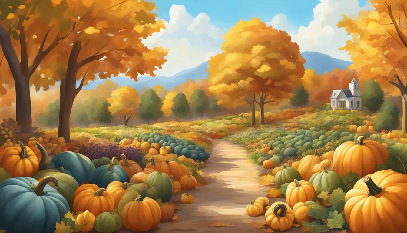 A lush autumn garden bursting with ripe pumpkins, colorful gourds, and vibrant leafy greens, surrounded by golden-hued trees and a clear blue sky