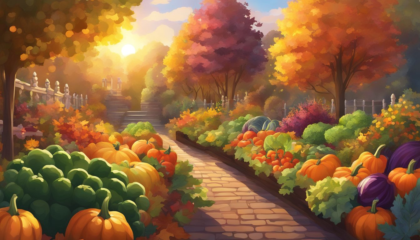 A lush garden bursting with ripe vegetables and colorful autumn foliage, surrounded by the warm glow of the setting sun