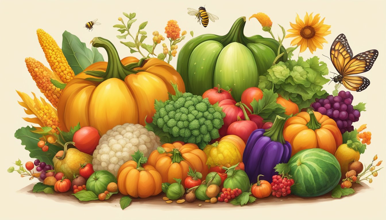 A colorful array of autumn vegetables and fruits bursting from the rich soil, surrounded by vibrant flowers and buzzing pollinators