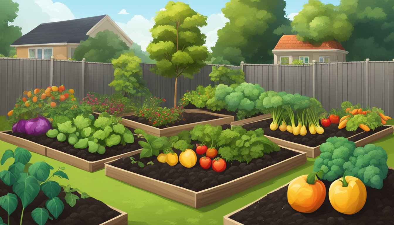 A lush garden with various fruits and vegetables growing in rich, dark soil. Compost bins and natural fertilizer scattered throughout the scene