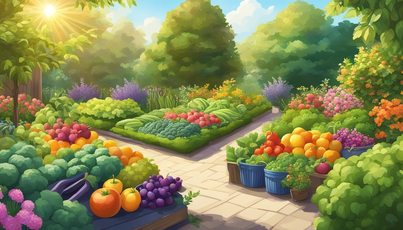 Vibrant garden beds bursting with colorful fruits and vegetables basking in the warm summer sun, surrounded by lush green foliage and blooming flowers