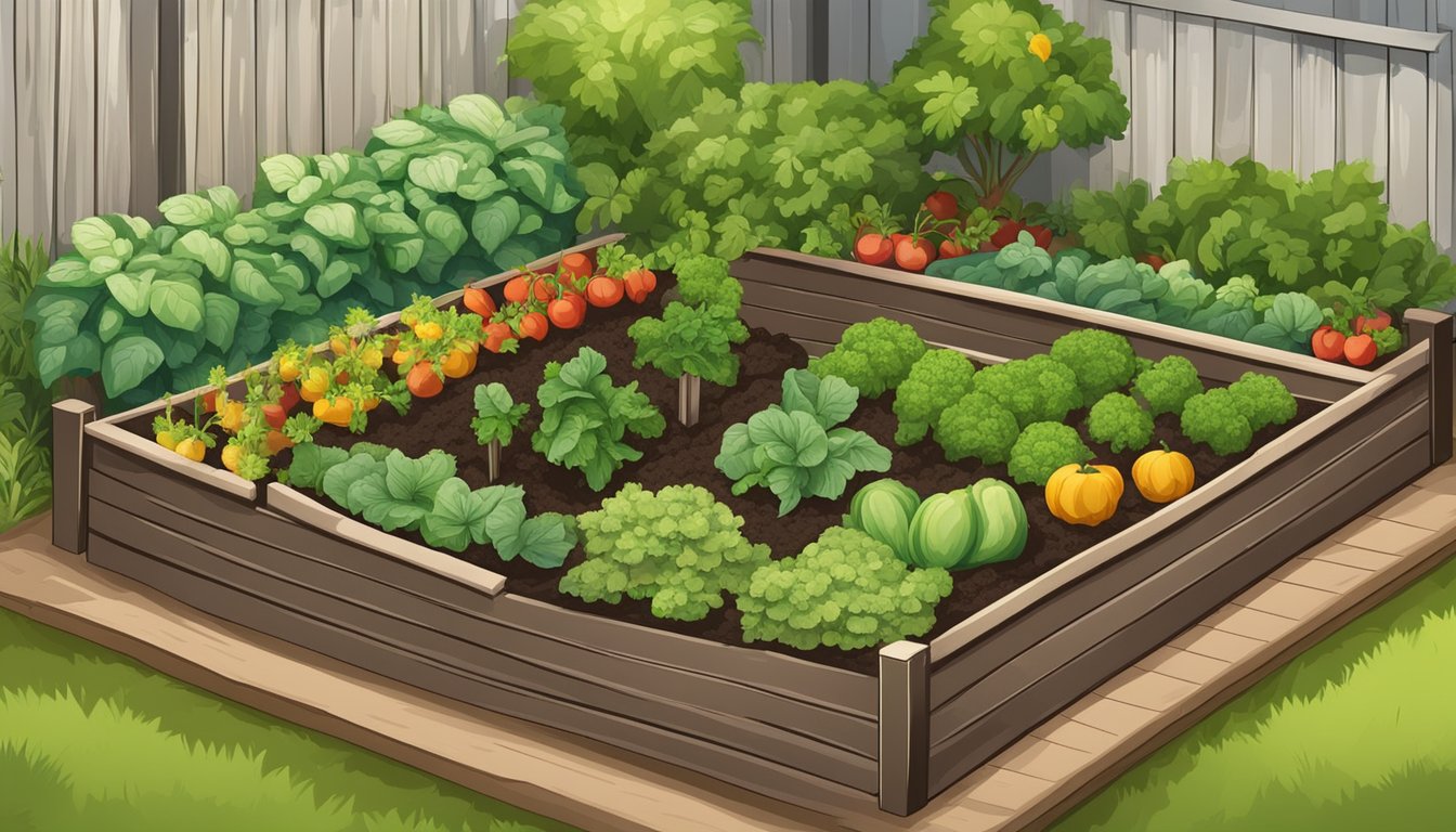 Lush garden with various vegetables and fruits growing in raised beds, surrounded by healthy soil and compost piles