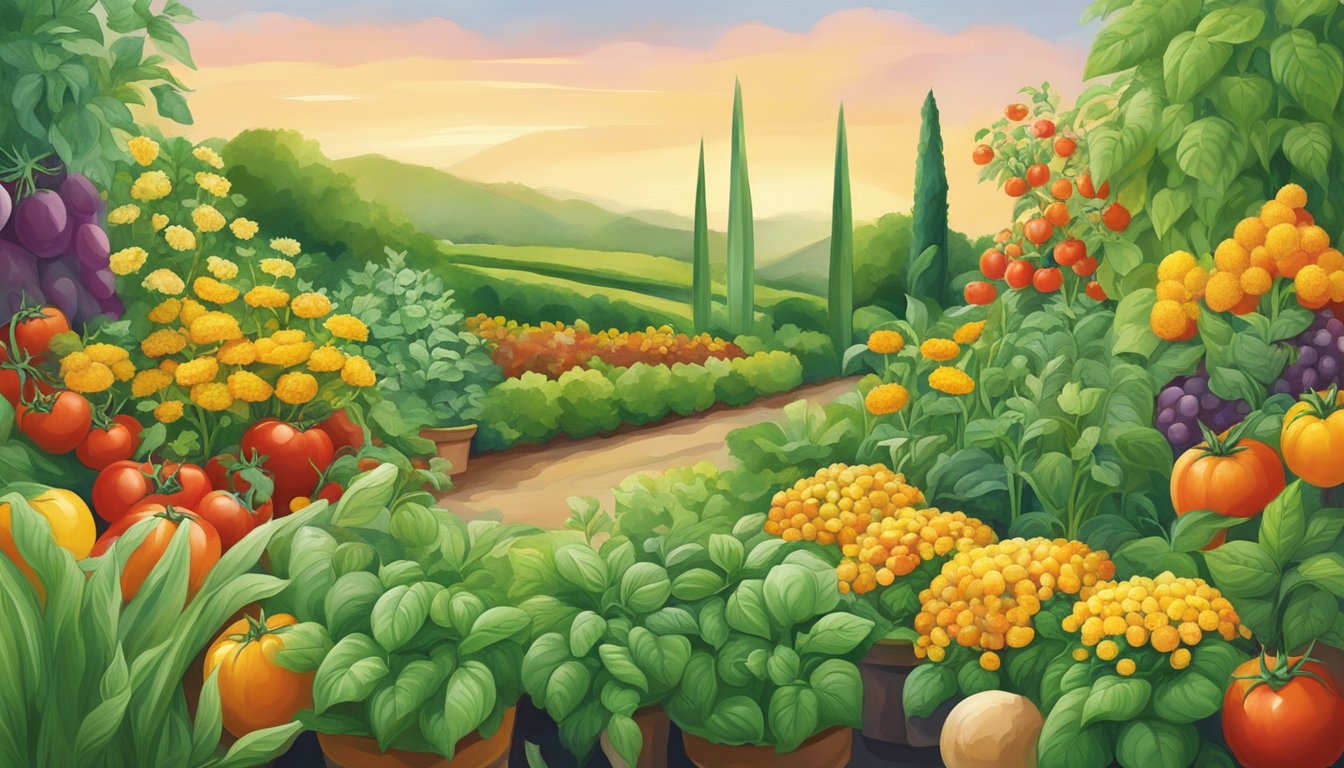 A garden with intermingling plants: tomatoes and basil, corn and beans, marigolds and vegetables, all thriving in harmony