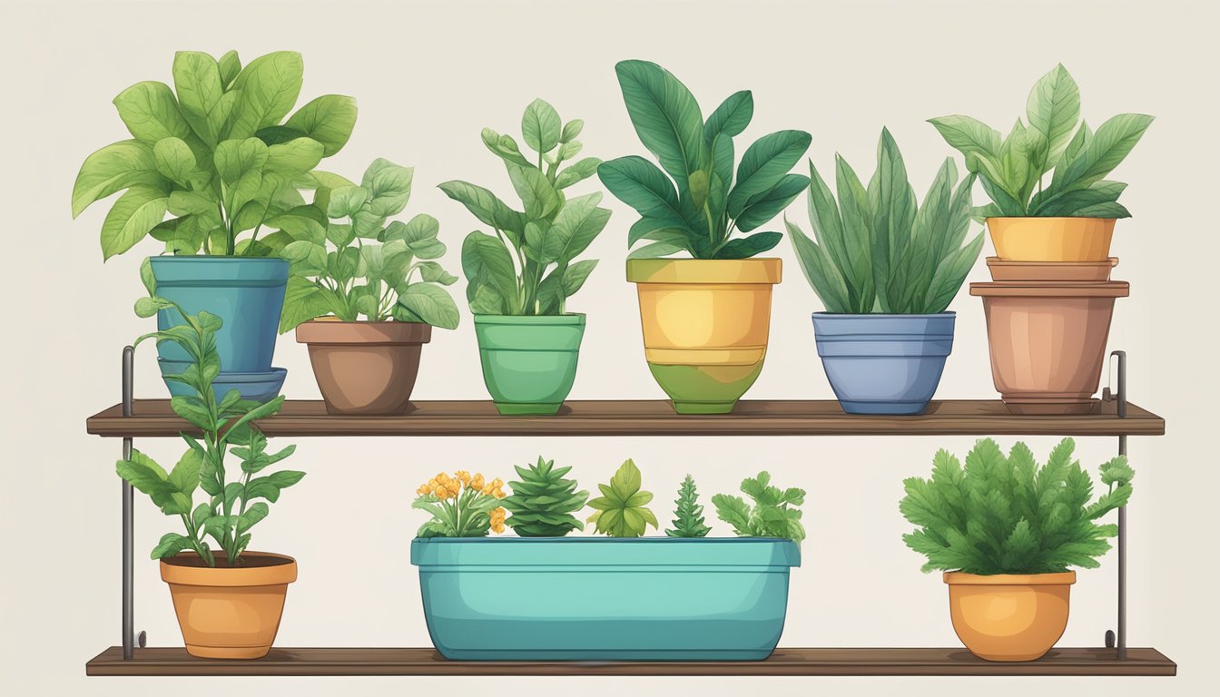 A variety of potted plants arranged on a shelf, each with a wick extending into a water reservoir below