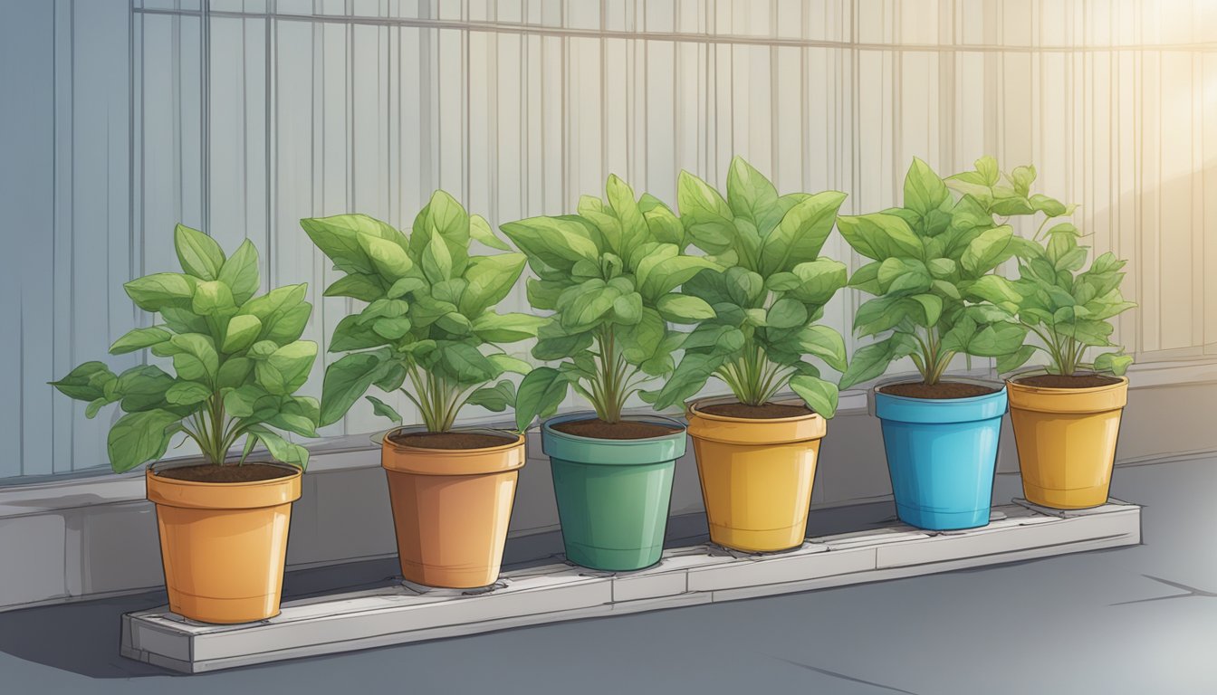 A row of potted plants with wick watering system, surrounded by bags of soil and containers of water