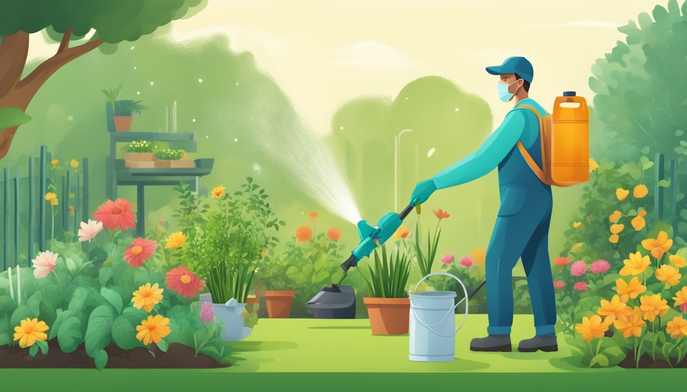 A person in a garden spraying natural pesticides on plants, surrounded by eco-friendly gardening tools and safety equipment