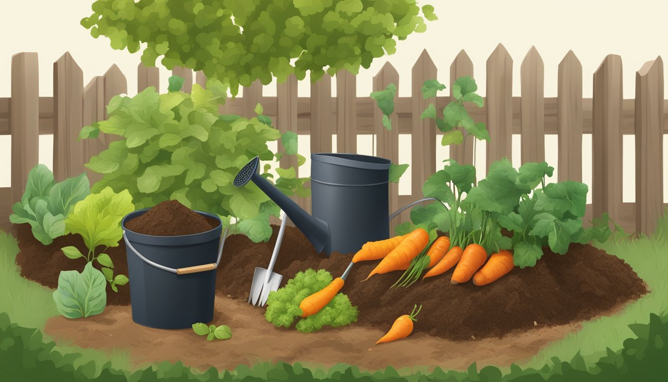 A garden with a compost bin surrounded by vegetable scraps, leaves, and soil. A small shovel and watering can sit nearby