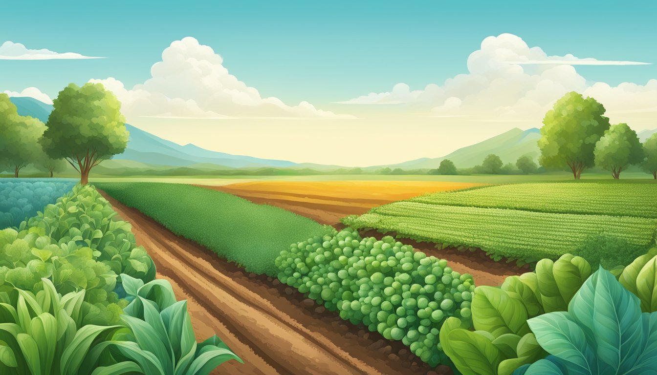 A lush field of diverse crops in various stages of growth, surrounded by healthy soil and clear blue skies