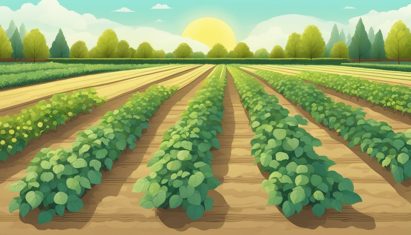 A sunny garden with rows of potato plants, some with green foliage and others with yellowing leaves, ready for harvesting