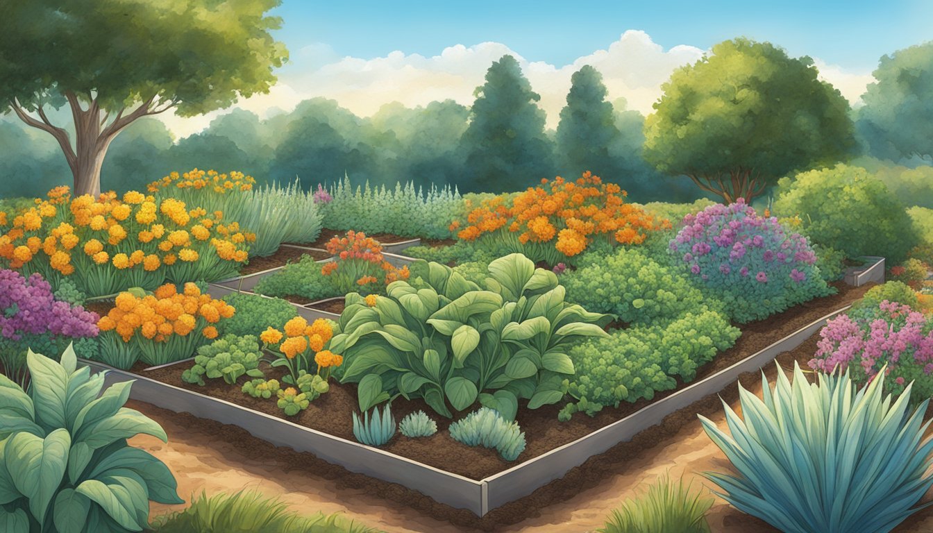 A vibrant garden with five unique Texas heirloom plants growing in rich soil, bathed in sunlight with a clear blue sky overhead