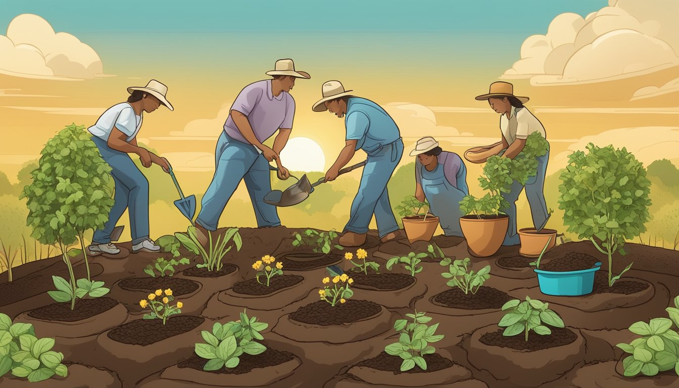 A garden scene with five different types of Texas heirloom seeds being planted in the soil, surrounded by gardening tools and the warm glow of the sun