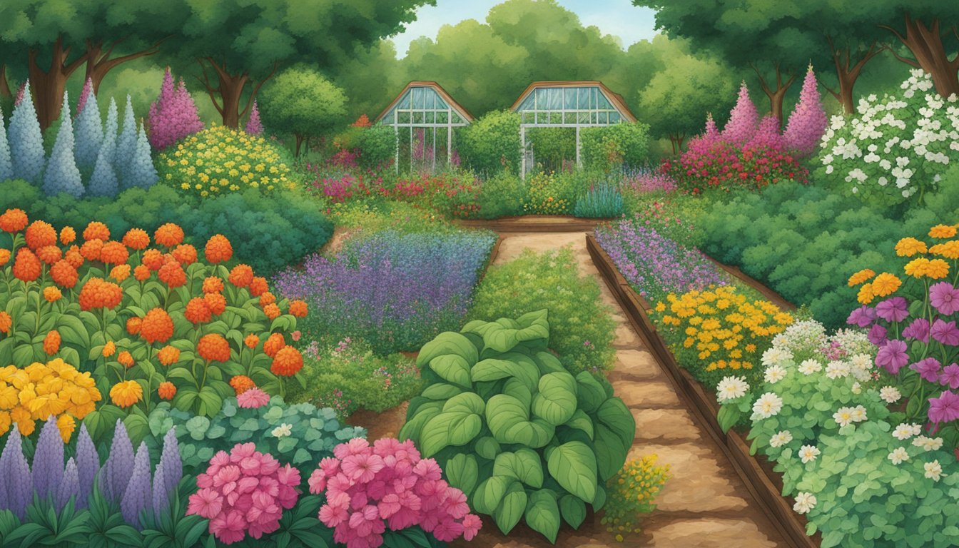 A lush garden with five varieties of Texas heirloom seeds planted in neat rows, surrounded by vibrant green foliage and colorful flowers