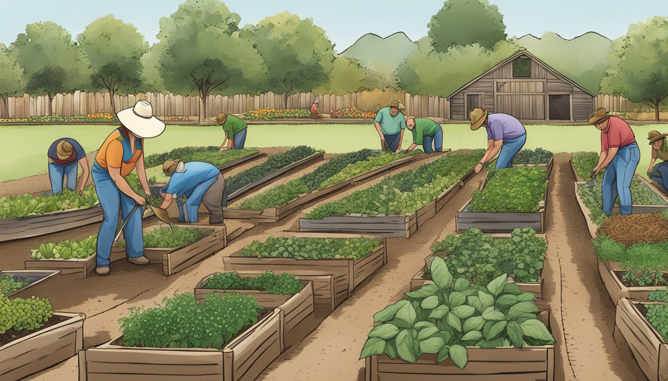 A garden with 5 different Texas heirloom seeds being planted in rows, with the Heirloom Community and Resources logo displayed prominently