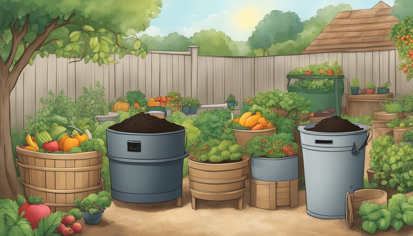 A lush garden with various composting methods on display, including a traditional compost bin, a worm composting system, and a tumbler composter. The garden is filled with vibrant fruits and vegetables, showcasing the benefits of composting for growing your own food