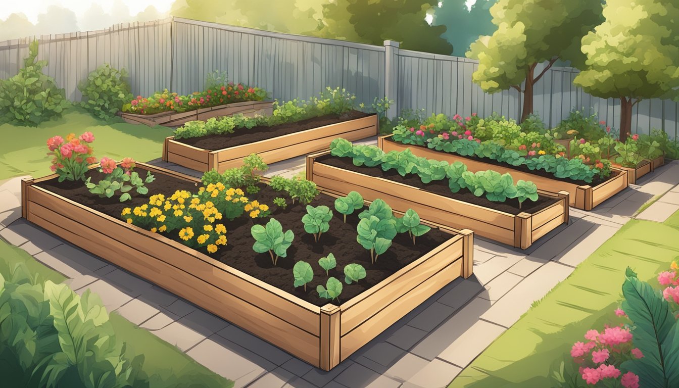 A sunny backyard with raised garden beds filled with rich soil, young pepper plants, and gardening tools laid out for planting