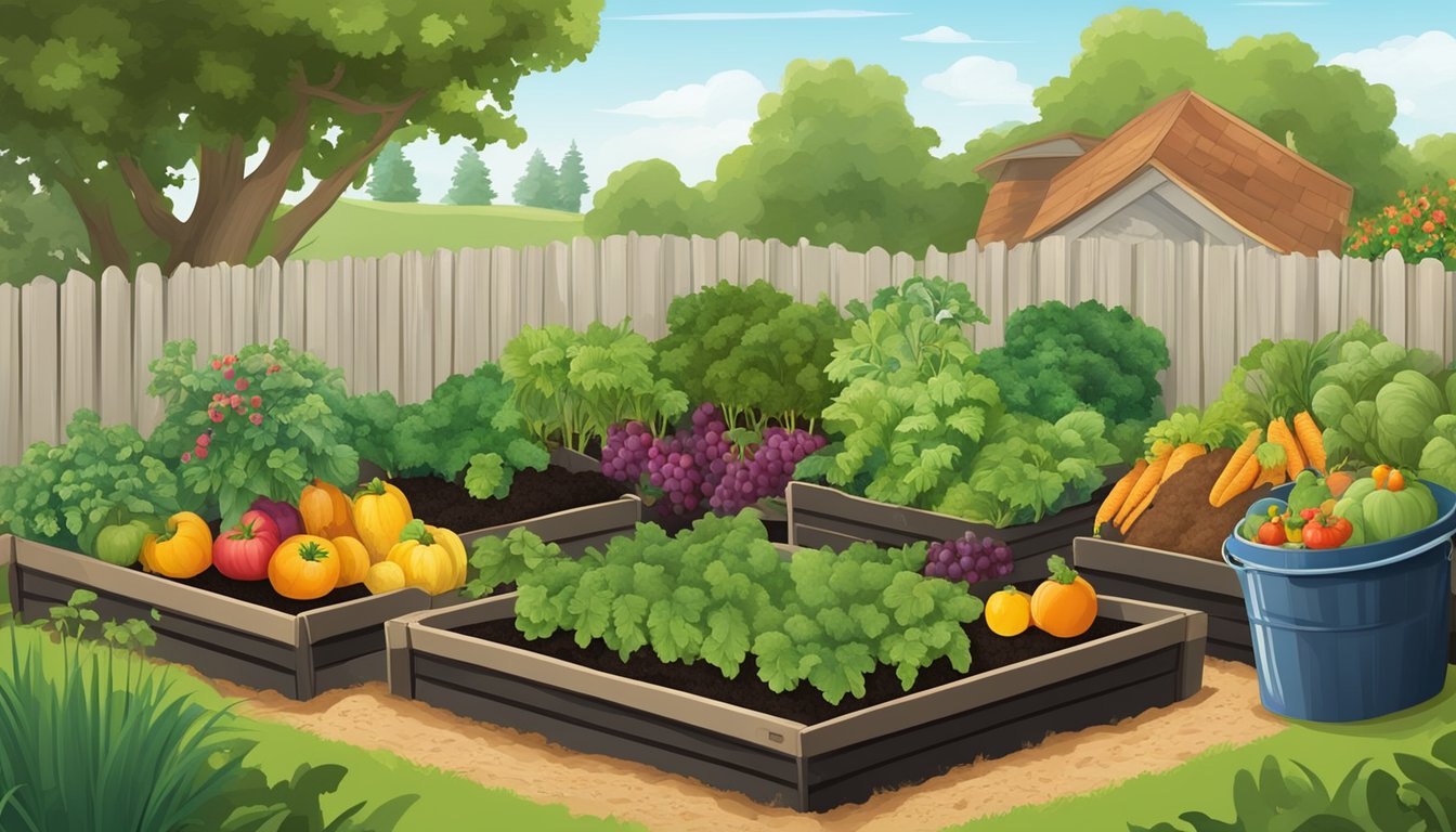 A lush garden with a variety of fruits and vegetables growing in rich, dark compost-filled soil. The compost bin sits nearby, surrounded by a thriving homestead