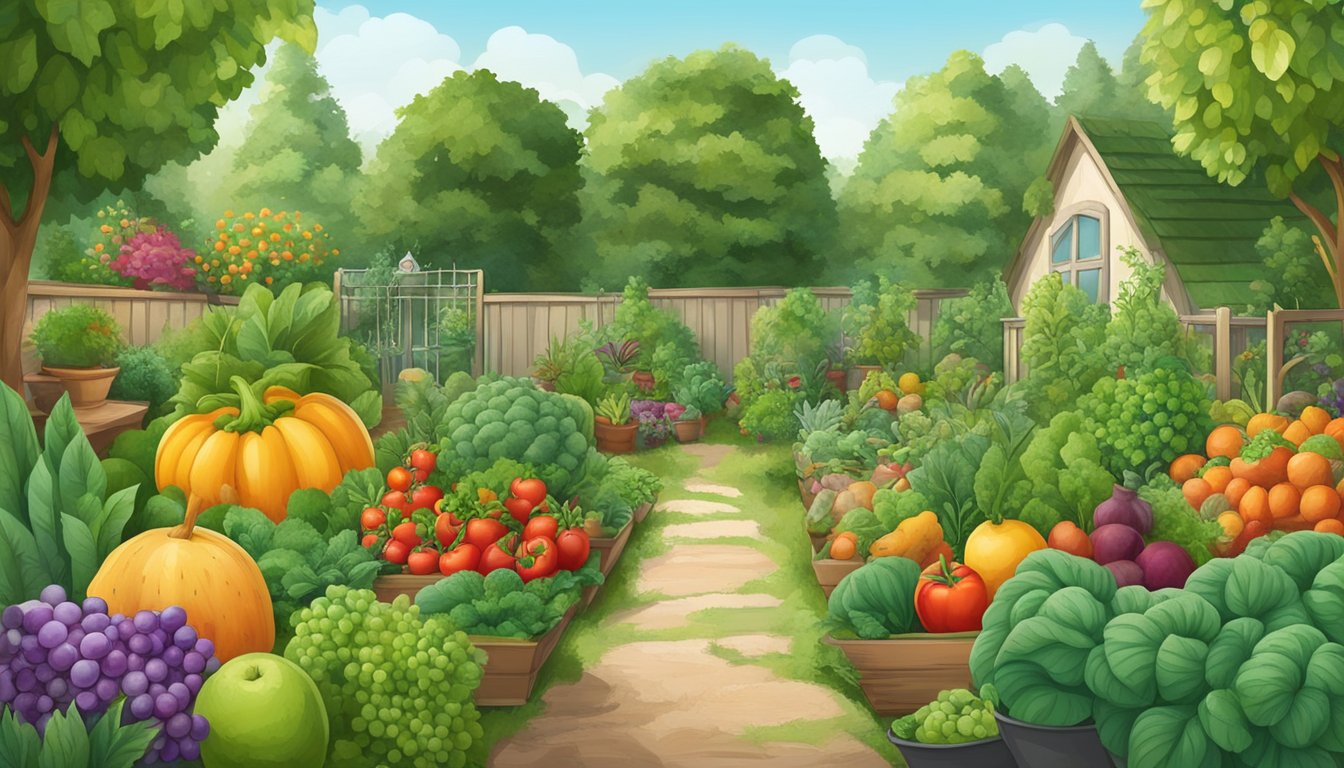 A lush garden with various fruits and vegetables, surrounded by homemade fungicide sprays and natural pest deterrents