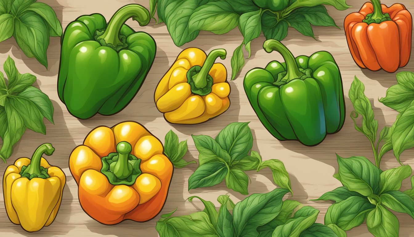 Lush green pepper plants with colorful bell peppers in various stages of ripeness, surrounded by rich soil and vibrant foliage