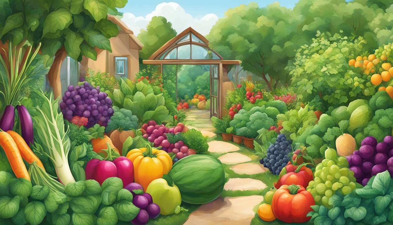 A lush garden with vibrant, oversized fruits and vegetables surrounded by healthy, thriving plants