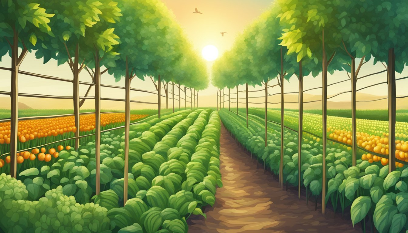 A lush garden with rows of genetically modified crops reaching towards the sun, surrounded by a fence to keep out pests