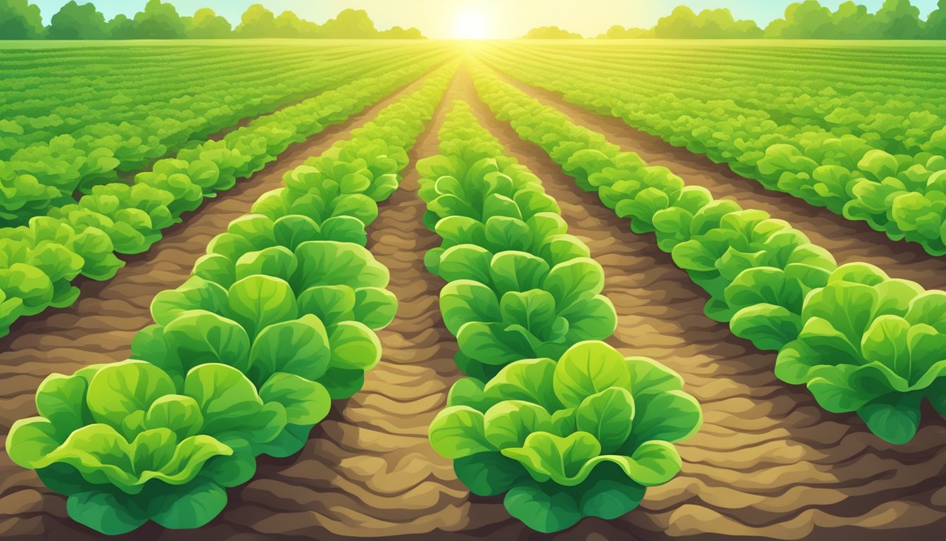 A lush garden bed filled with vibrant green lettuce leaves growing in neat rows under the warm sunlight