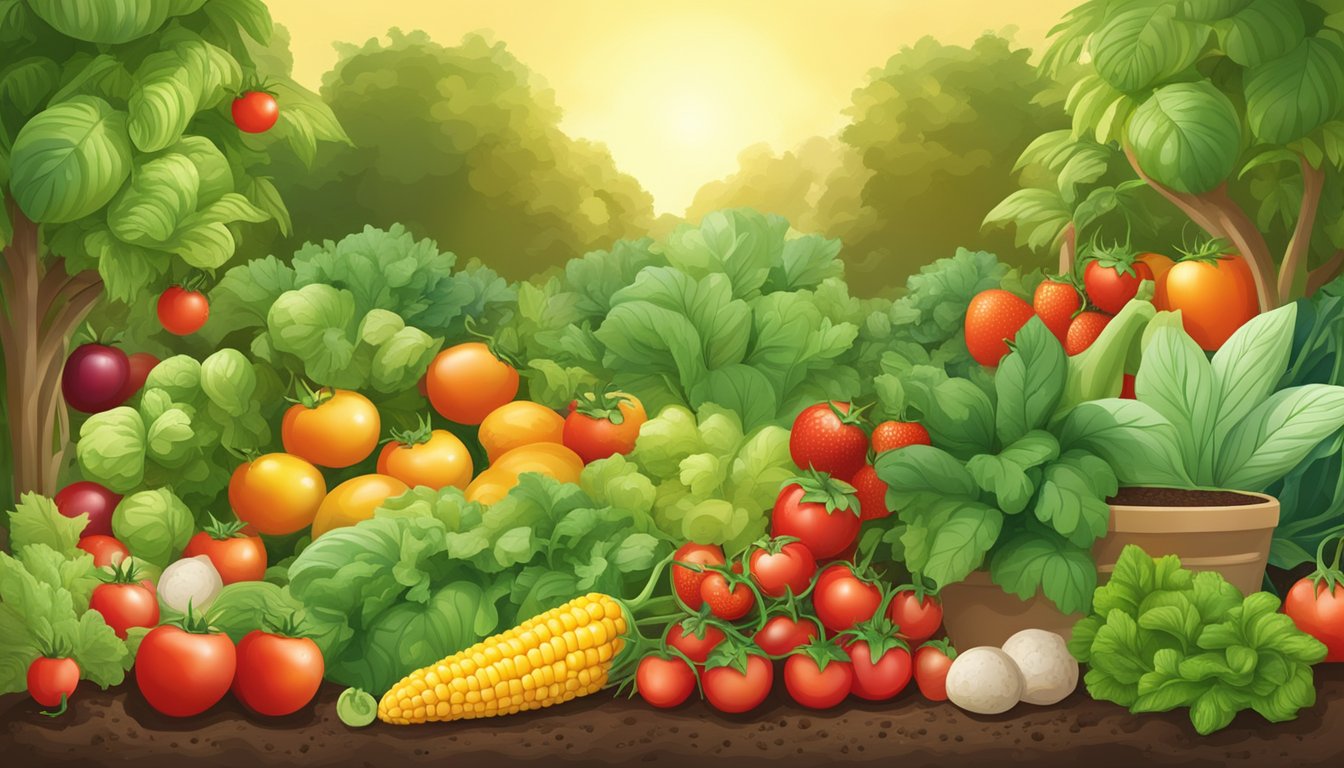 A lush garden with a variety of fruits and vegetables, including tomatoes, corn, and strawberries, growing in rich soil under the warm sun