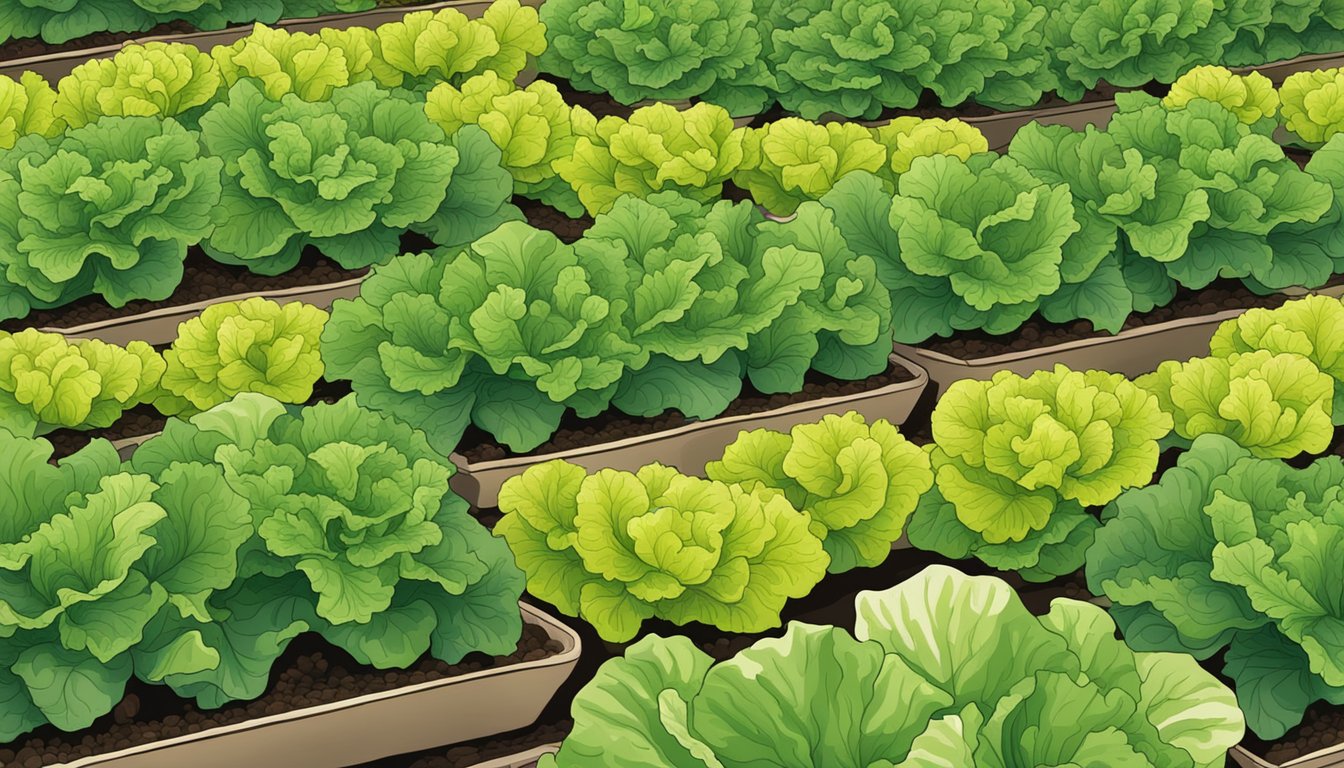 A bountiful garden with rows of vibrant lettuce plants, ready for harvest. A table set with freshly picked lettuce, a knife, and a bowl